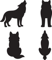 wolf silhouette icons set side, front, back, and top views vector art illustration