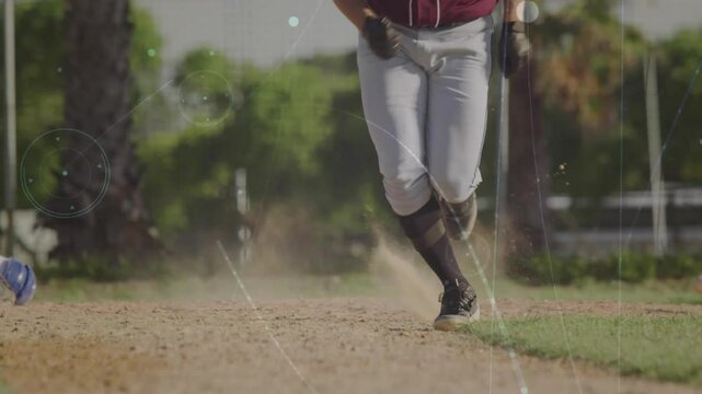 On baseball pitch, batter swinging sprinting toward first base on dirt with digital FX on cleats