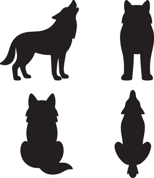 wolf silhouette icons set side, front, back, and top views vector art illustration
