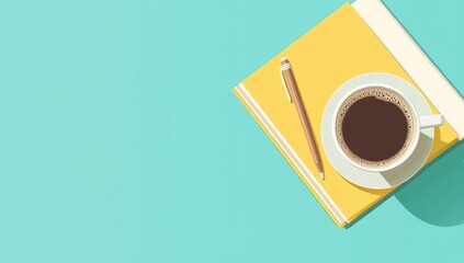 Flat lay of coffee cup, notebook, and pen on teal background