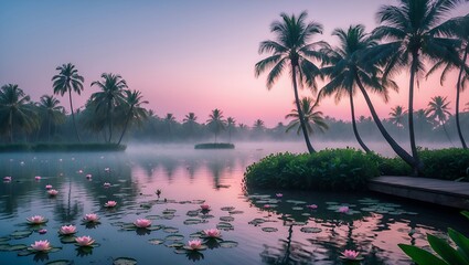 Obraz premium Palm Trees Reflecting in Foggy Lake with Water Lilies at Dusk