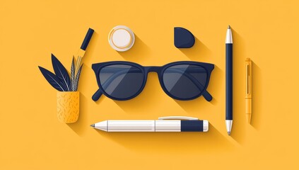Flat lay of assorted stationery and accessories on a mustard yellow background