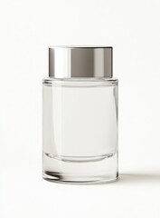 Clear glass perfume bottle with silver cap