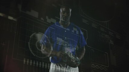 Baseball player activating data grid tossing ball with glove while tech gauges morphing world map - Powered by Adobe