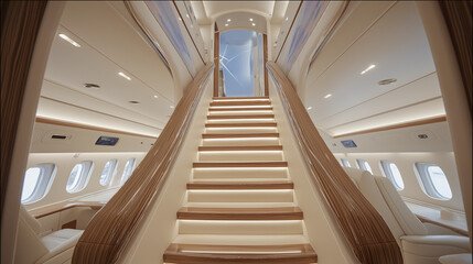 Fototapeta premium Luxurious interior of private jet with illuminated staircase leading to upper deck