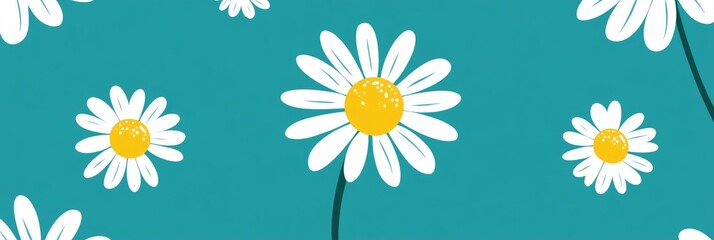 Simple, repeating pattern of white daisies with yellow centers on a teal background