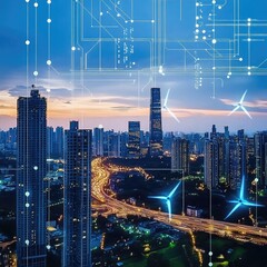 Smart grid technology optimizing energy use, integrating renewable sources, real-time demand response, electric vehicle charging stations, and data-driven systems for efficient urban power