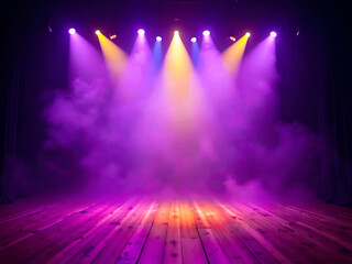 Enigmatic stage ambiance with vibrant illumination and ethereal fog effect