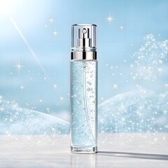 Suspended facial mist diffuser with iridescent shimmer over sky-blue background—fresh, premium imagery for high-end mist products.