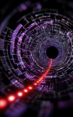 Abstract Digital Tunnel Glowing Red Lines in Dark Purple Geometric Pattern