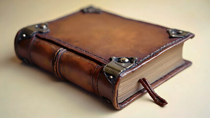 Artisanal bound journal with aged leather cover and metal corner accents