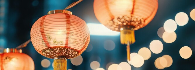Obraz premium Traditional Chinese red lanterns glowing brightly during a festive evening celebration in a vibrant street setting