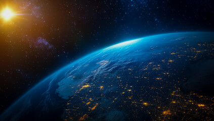 Obraz premium Stunning view of a planet from space, with a sprawling industrial city on one side and bright lights illuminating a futuristic world on the other,