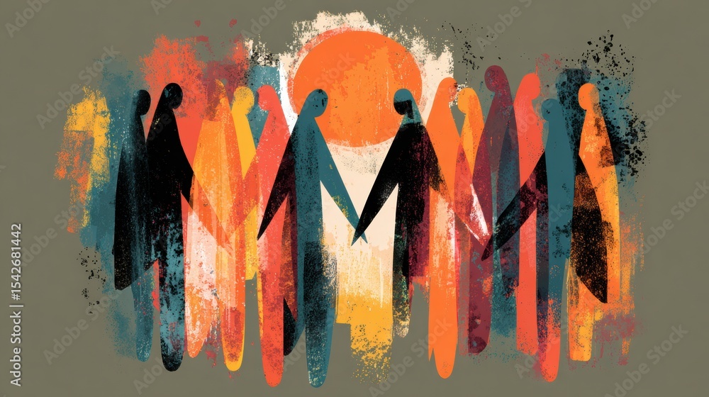 Poster abstract figures holding hands in an emotional display of unity against a vibrant background depicti