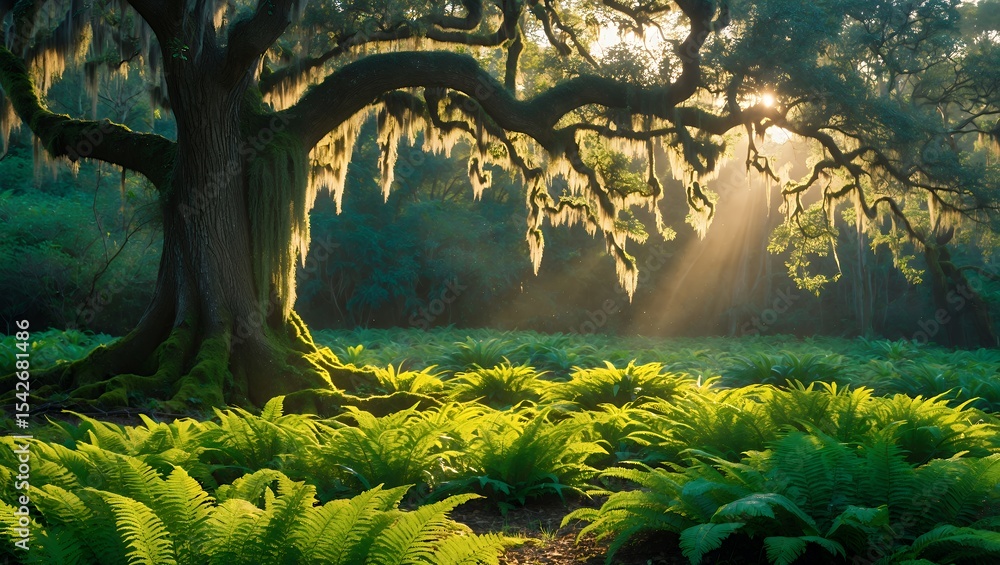 Poster sunlight streaming through moss draped tree over lush fern field