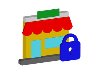 Simple 3D icon of a store and a locator lock, transparent background, PNG format