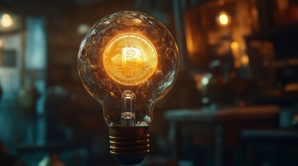 Illuminated lightbulb showcasing a glowing coin, symbolizing financial ideas and innovation.
