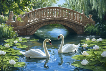 two swans swimming in a pond with lily pads