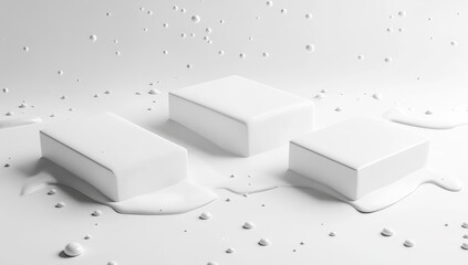 Three white rectangular blocks on a white surface with liquid and spheres