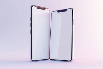Two modern smartphones, side-by-side, on a light-toned background.  Empty screens, sleek design