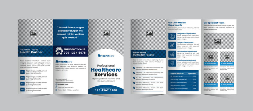 Hospital and Healthcare Services Tri-Fold Brochure Design, a clean, professional medical or clinic promotion brochure template ideal for hospitals, healthcare centers, and medical services.