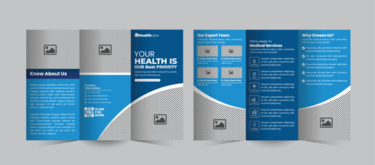 Hospital and Healthcare Services Tri-Fold Brochure Design, a clean, professional medical or clinic promotion brochure template ideal for hospitals, healthcare centers, and medical services.