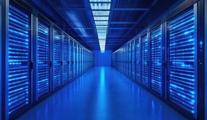 Blue-lit server room hallway, rows of racks