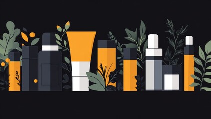 Skincare product displays, various containers in dark colors, surrounded by foliage