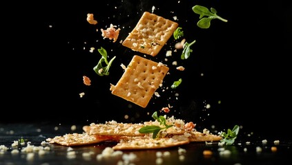 Crispy crackers, herbs, and seasonings levitate