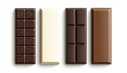 Four chocolate bars, dark, milk, and white, arranged horizontally on a white background
