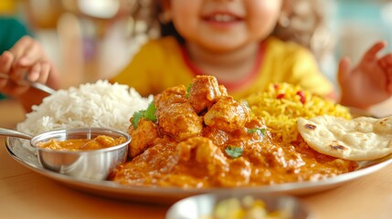 A Kid's Culinary Delight: A young child's radiant smile is juxtaposed with an enticing platter, featuring a vibrant array of colorful curries and perfectly cooked rice.