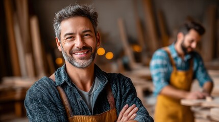 Craftsman's Warmth: A skilled craftsman, exudes warmth and confidence in his workshop, showcasing his expertise in woodcraft with a captivating gaze.