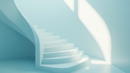 Light-filled, pale-blue interior with a smooth, curved staircase