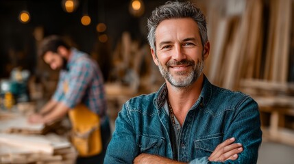 Artisan's Pride: A skilled carpenter with a salt-and-pepper beard stands proudly in his workshop, arms crossed, exuding expertise and passion in a captivating portrait of craftsmanship.