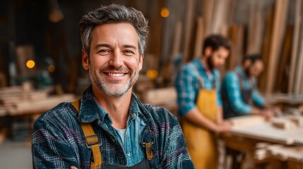Smiling Carpenter in Workshop: Capturing a craftsman's skill and dedication in a sunlit workshop, as a skilled carpenter smiles proudly, a testament to his passion for woodworking and craftsmanship.