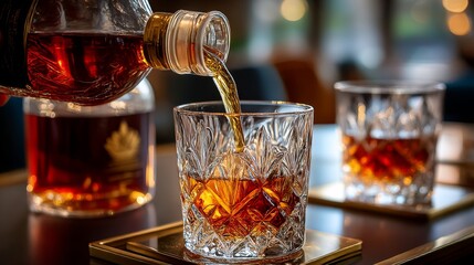 Pouring amber delight: A close-up captures the art of pouring a rich, amber-hued spirit into a beautifully crafted, crystal-clear glass, suggesting a moment of sophisticated enjoyment. 