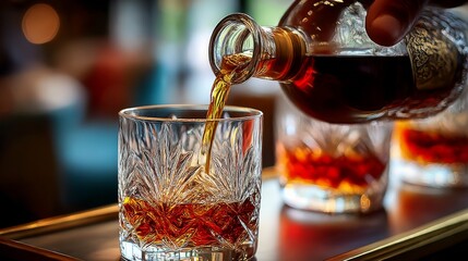 Golden Pour: A close-up shot of a hand pouring rich, amber liquid into a crystal glass, evoking the smooth, luxurious experience of the spirit.