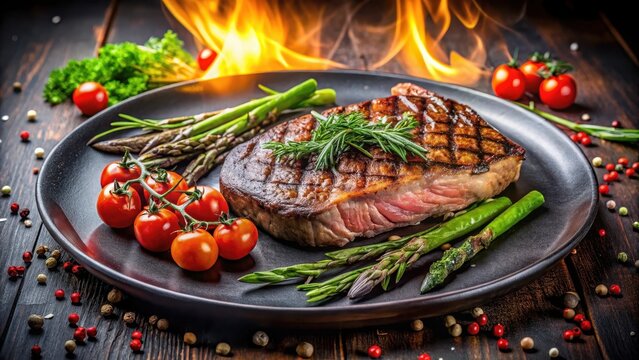A perfectly seared ribeye steak, garnished with fresh rosemary and grilled asparagus, served on a dark plate with cherry tomatoes, creating a visually appealing culinary composition.