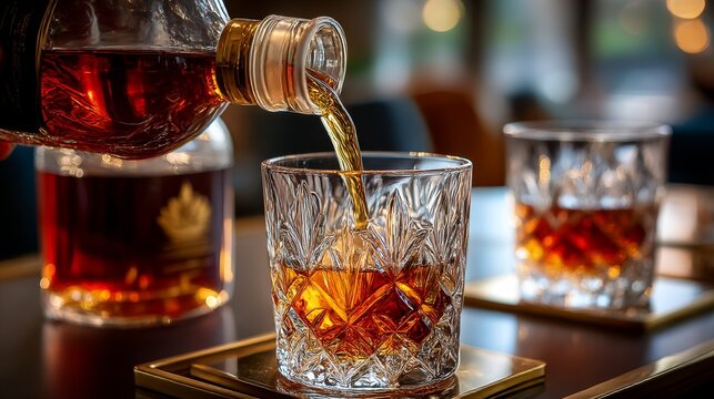 Pouring amber delight: A close-up captures the art of pouring a rich, amber-hued spirit into a beautifully crafted, crystal-clear glass, suggesting a moment of sophisticated enjoyment. 
