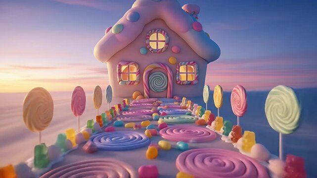 Sweet and colorful candy land pathway to house