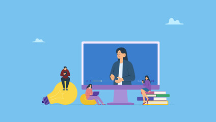 Flat vector people studying online, online education and e-learning at home through webinar training. Design illustration for webinar, online video training, tutorial podcast and business training.