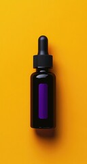 Dark-colored dropper bottle with a purple label, set against a bright yellow background