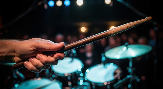 A hand holds a drumstick over a drum kit on a dark stage, illuminated by colorful lights, suggesting a live music performance.
