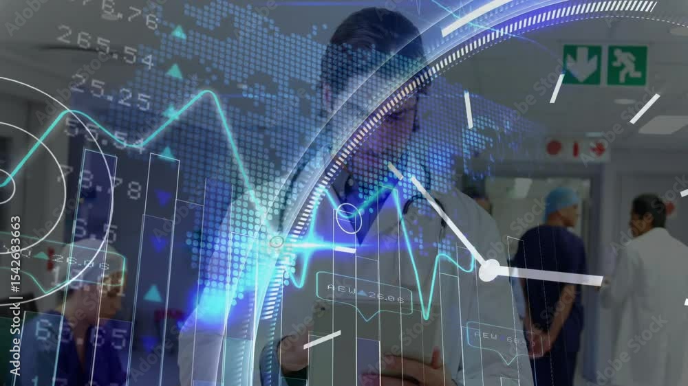 Poster female doctor scrolling tablet monitoring health data activating line graph and clock animations