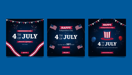 Flat social media instagram post collection for Amarican 4th of july holiday celebration