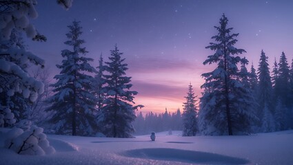 Snow Covered Evergreen Trees Under a Starry Sky at Dusk