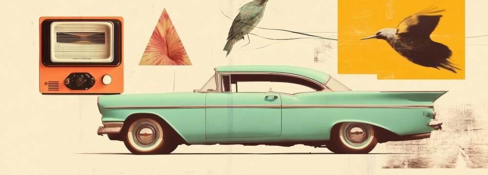 A colorful collage showcases a turquoise classic car alongside retro elements like a vintage radio and artistic graphics. This nostalgic design highlights mid-century aesthetics and charm