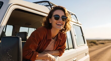 A smiling woman in a brown jacket leaning out of a white van window on a sunny day trip