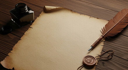Still life of parchment paper with quill pen inkwell and wax seal on a wooden surface top view