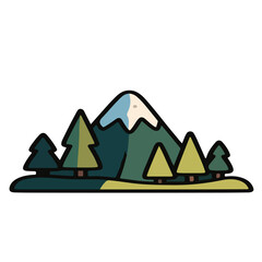 Stylized Mountain Landscape with Trees and a Unique Color Palette.